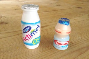 Photo of Actimel and Yakult packaging design.