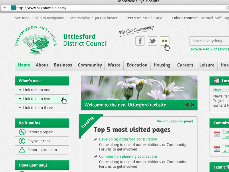 Screenshot of Uttlesford District Council web design.