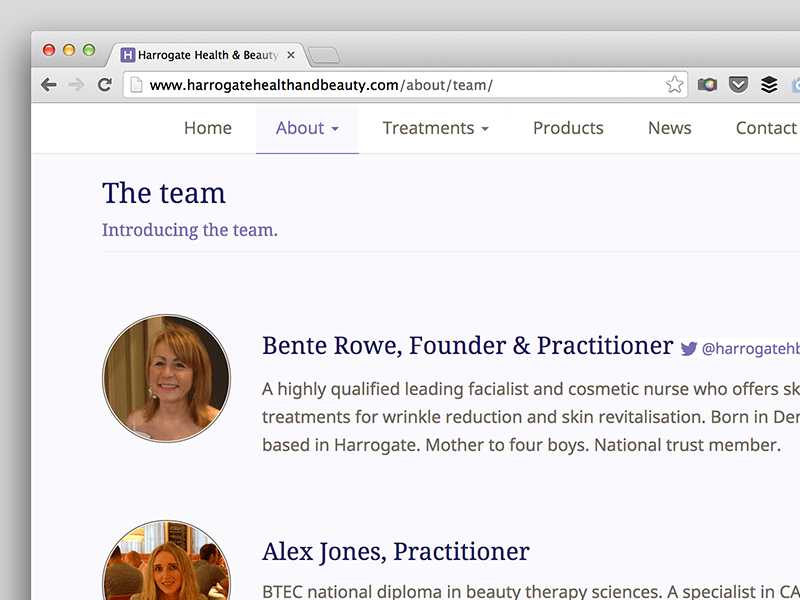 Screenshot of Harrogate Health & Beauty team page.